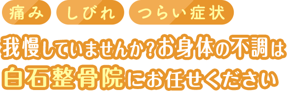 痛み　しびれ　つらい症状　
我慢していませんか？
お身体の不調は
白石整骨院にお任せください